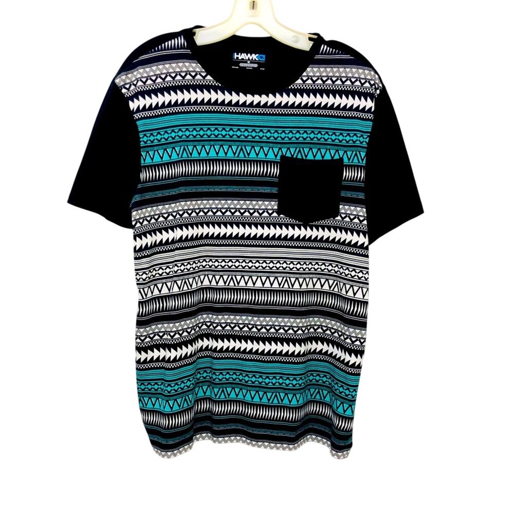 Men's Tony Hawk Black Turquoise Tribal Print T Shirt One Front patch pocket
